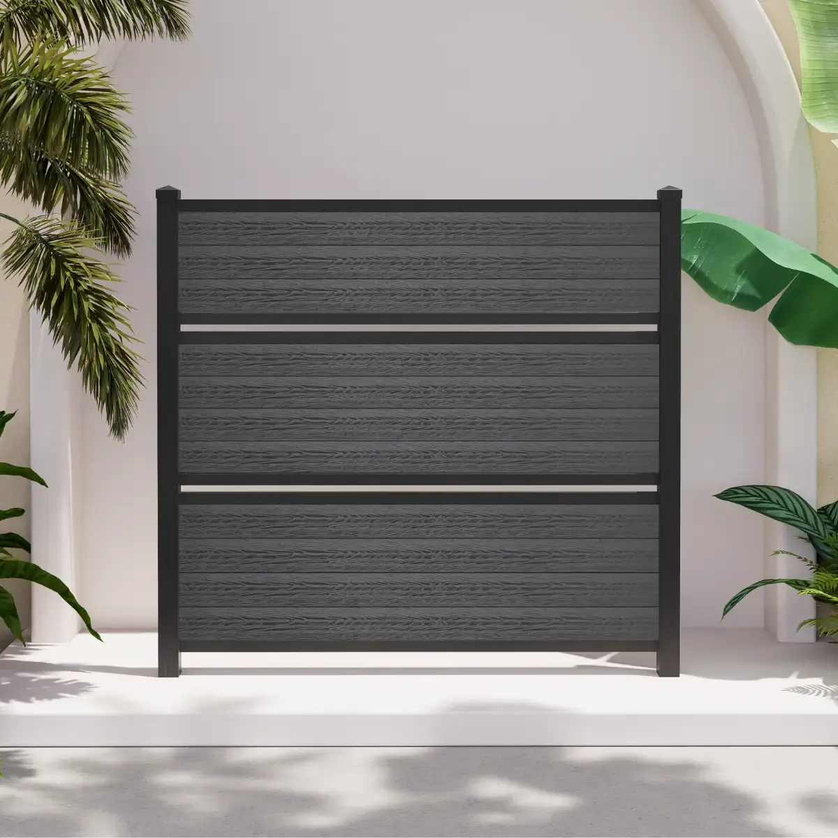 6ft Jet Black semi-private composite fence with horizontal woodgrain boards and black aluminum posts