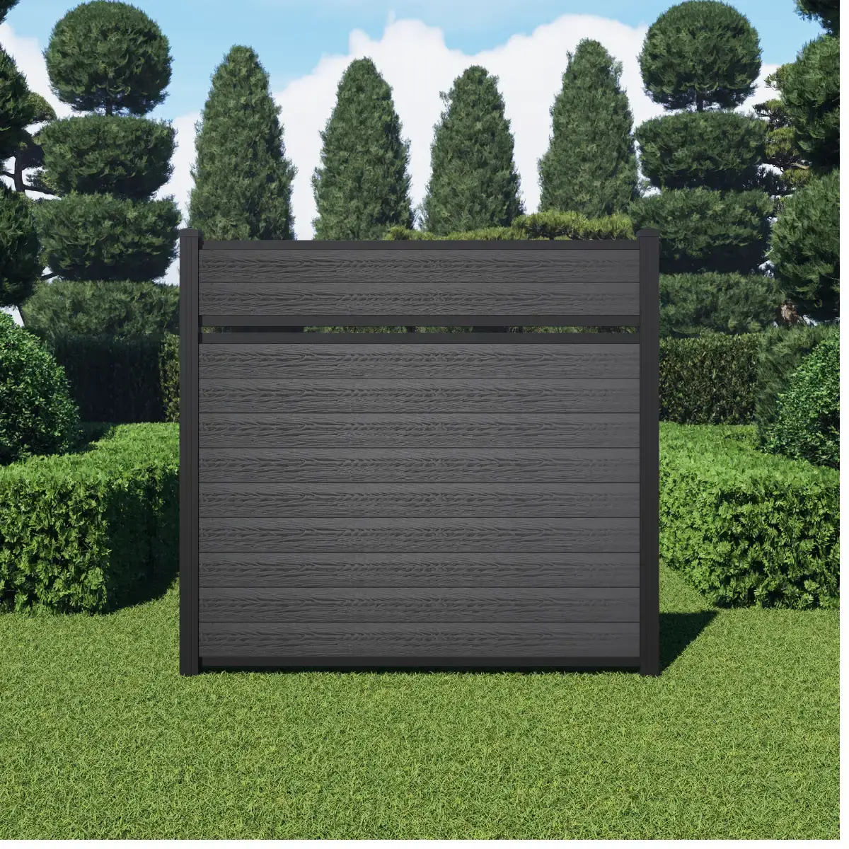 6ft jet black semi-private composite fence with horizontal woodgrain boards and black aluminum posts