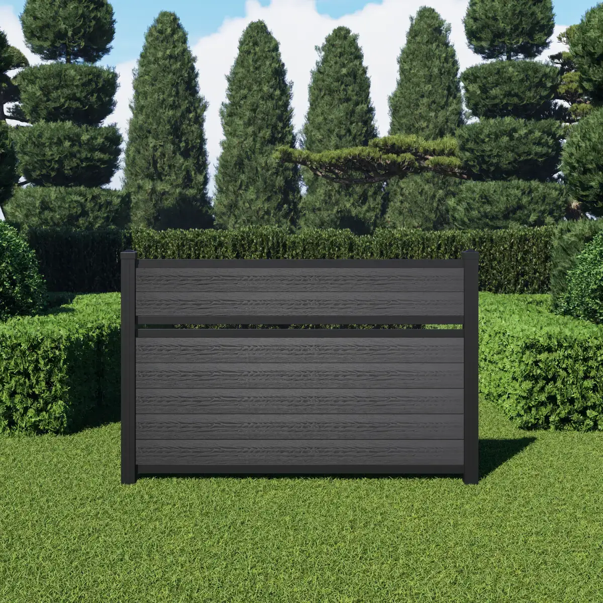 4ft Jet Black semi-private composite fence with horizontal woodgrain boards and black aluminum posts