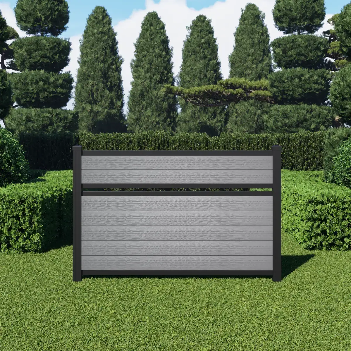 4ft Storm Grey semi-private composite fence with horizontal woodgrain boards and black aluminum posts