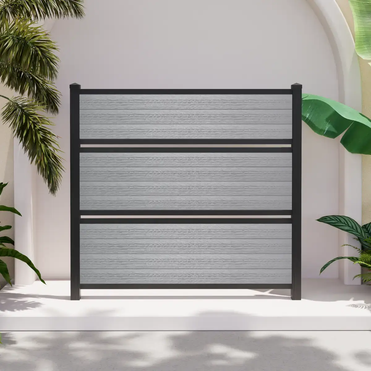 6ft Storm Grey semi-private composite fence with horizontal woodgrain boards and black aluminum posts