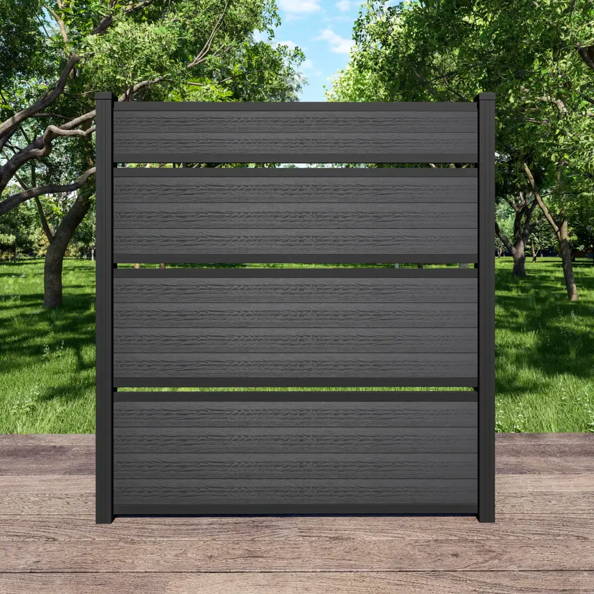 7ft jet black semi-private composite fence with three airflow openings and black aluminum posts