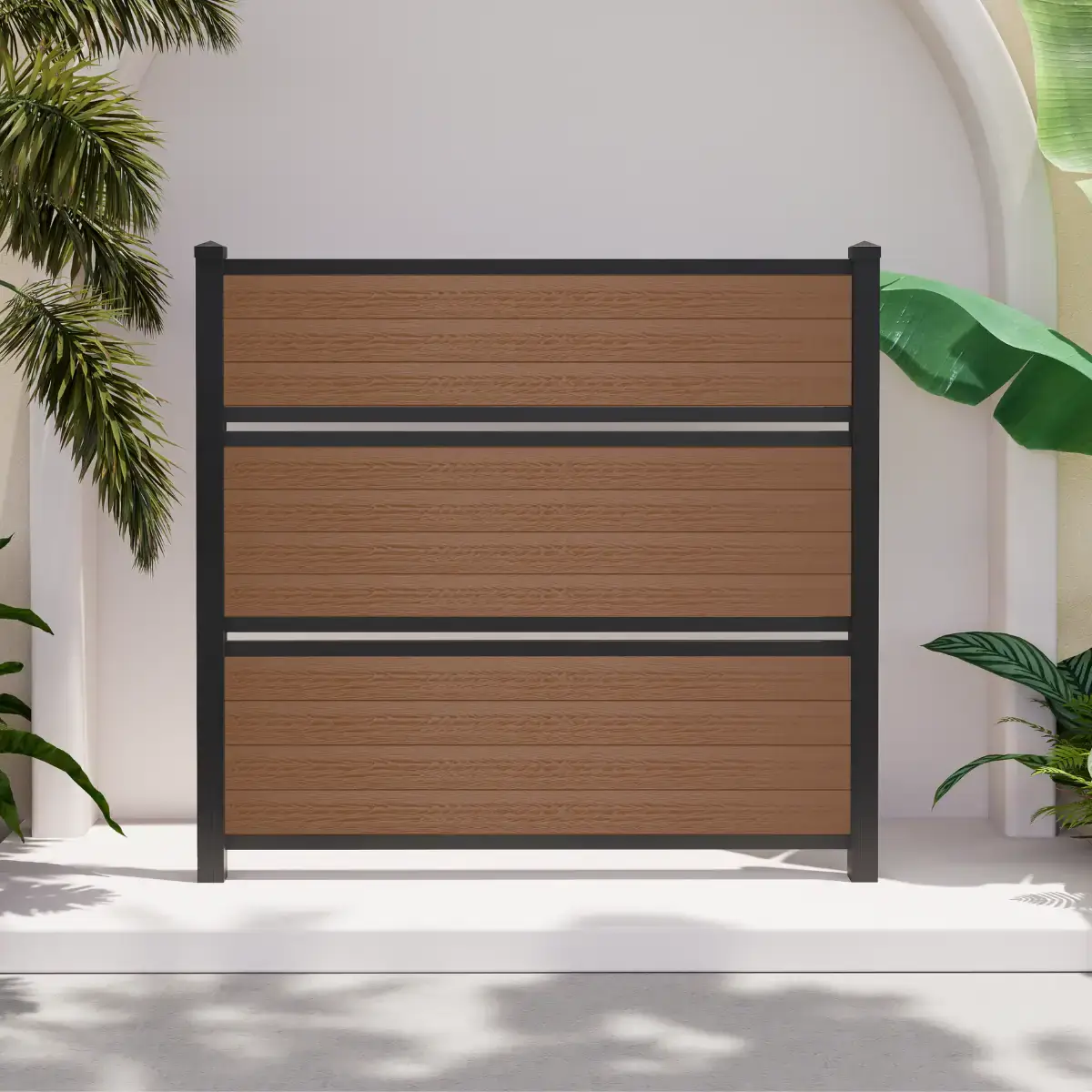 6ft brown semi-private composite fence with horizontal woodgrain boards and black aluminum posts