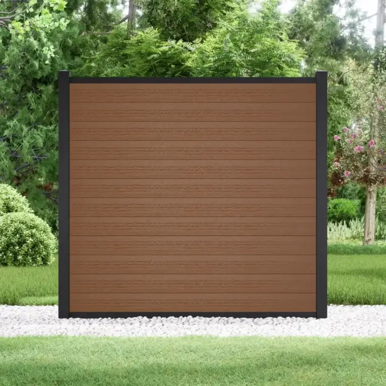6ft Brown composite fence with black aluminum posts in a full privacy layout
