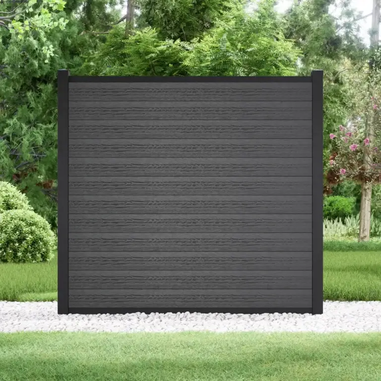 6ft Jet Black composite fence with black aluminum posts in a full privacy layout