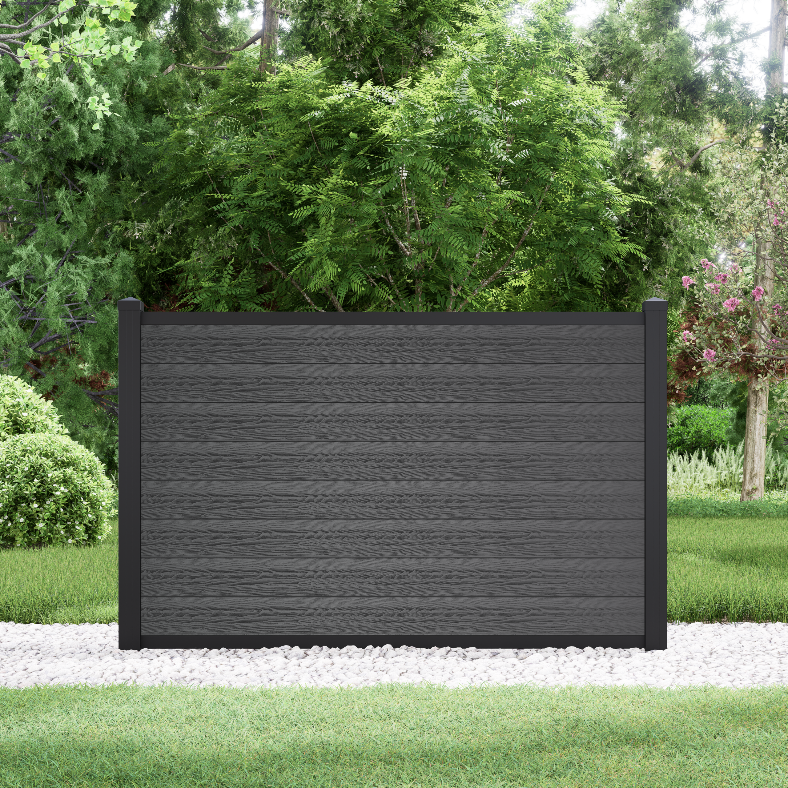 Full privacy 4ft Jet Black composite fence with black aluminum posts by StackFence