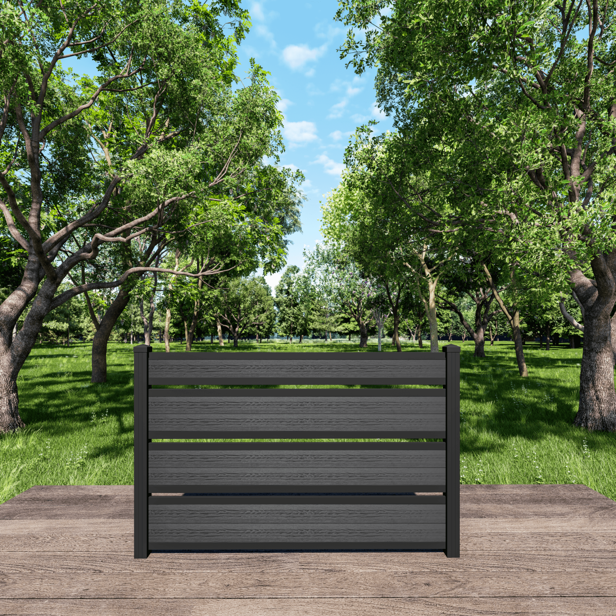 4ft jet black semi-private composite fence with three airflow openings and black aluminum posts