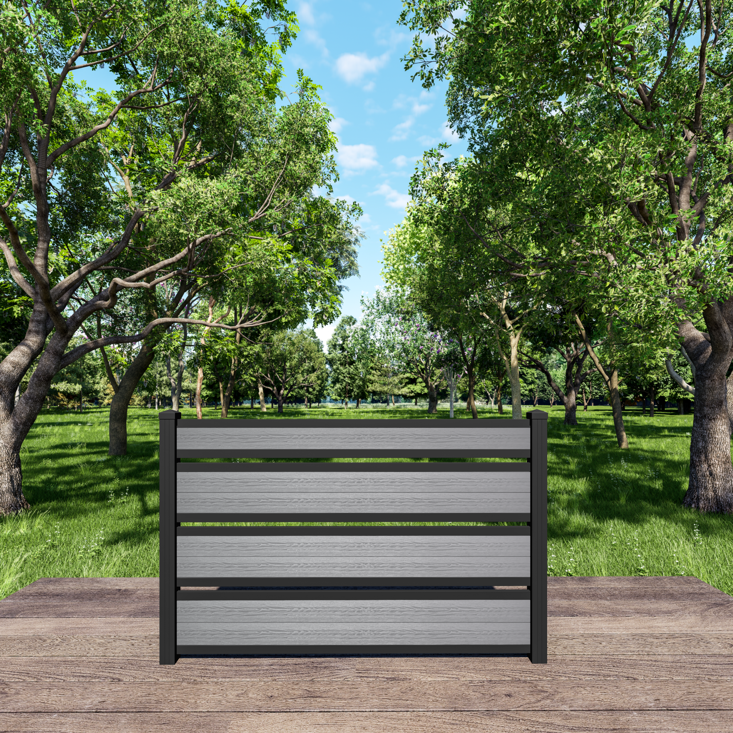 4ft storm grey semi-private composite fence with three airflow openings and black aluminum posts