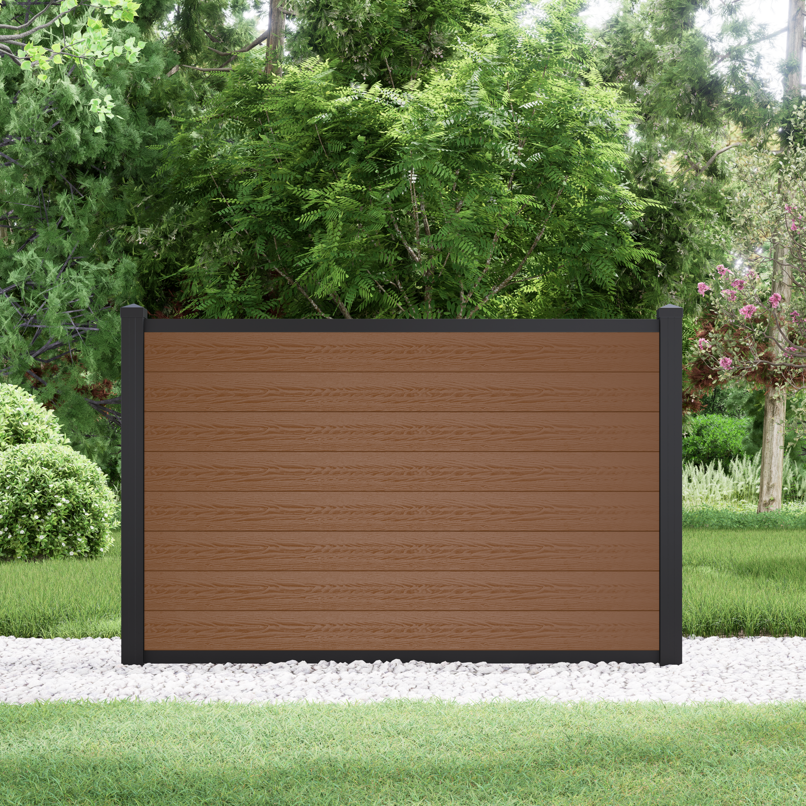 Full privacy 4ft Brown composite fence with black aluminum posts by StackFence