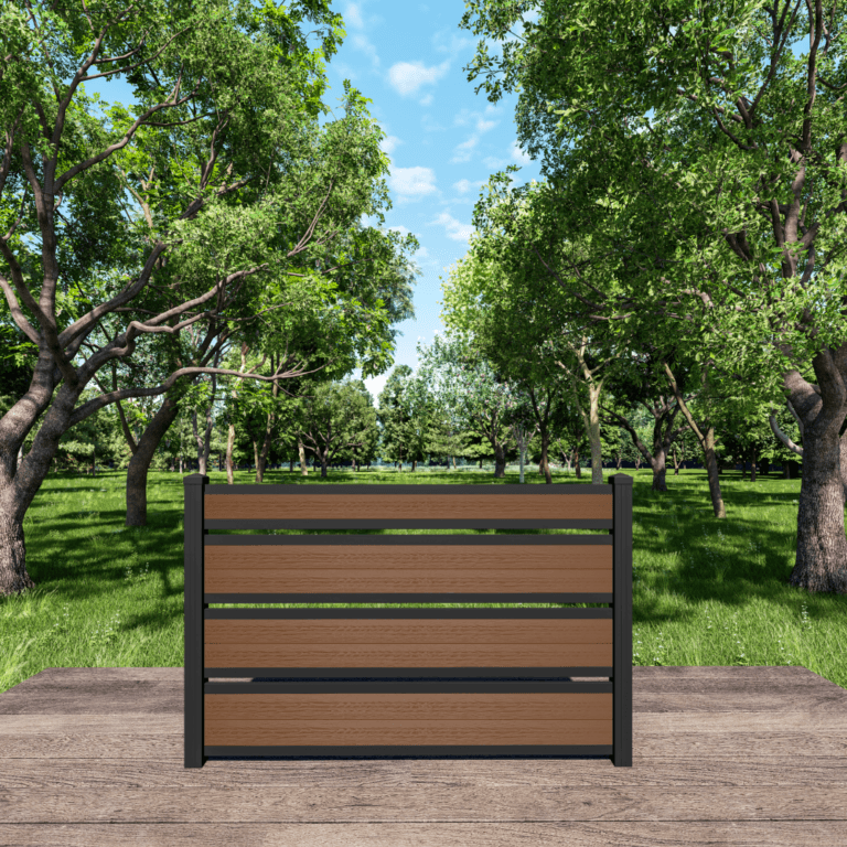 4ft brown triple semi-private composite fence with black aluminum posts