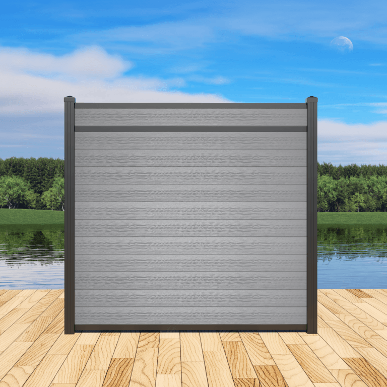 6ft Storm Grey accent rail composite fence with black aluminum posts by Stackfence
