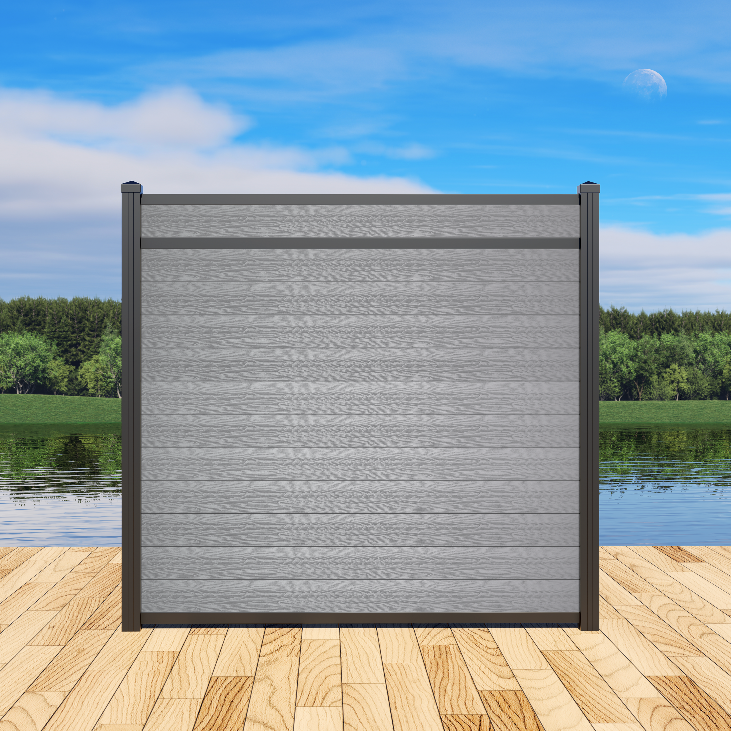 6ft Storm Grey Accent Rail composite fence with black aluminum posts and added rail by StackFence