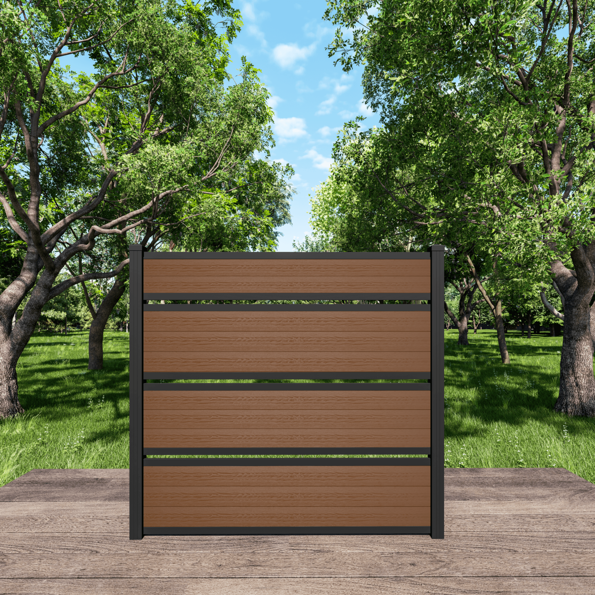 6ft Brown triple semi-private composite fence with three airflow openings and black aluminum posts