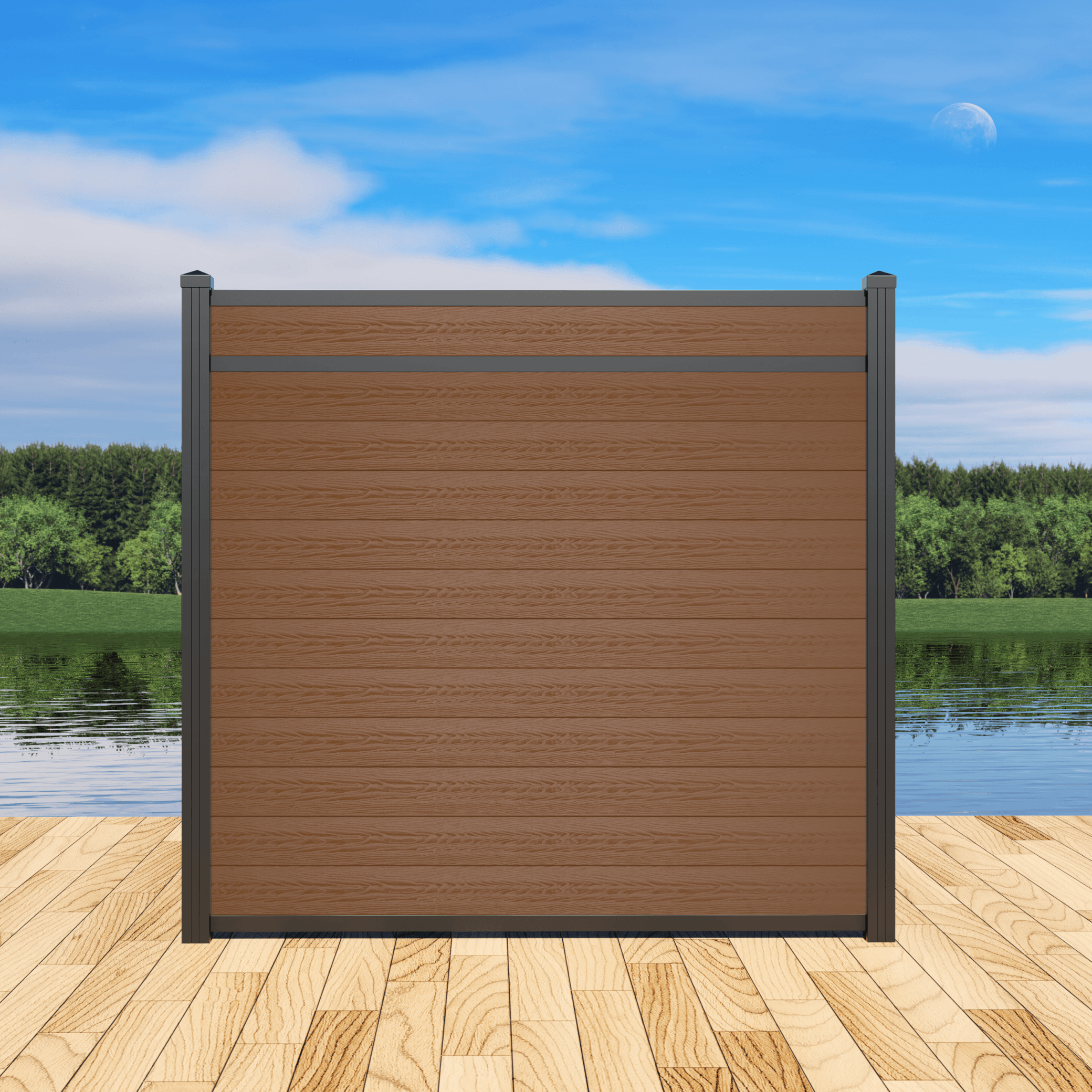 6ft Brown Accent Rail composite fence with black aluminum posts and added rail by StackFence
