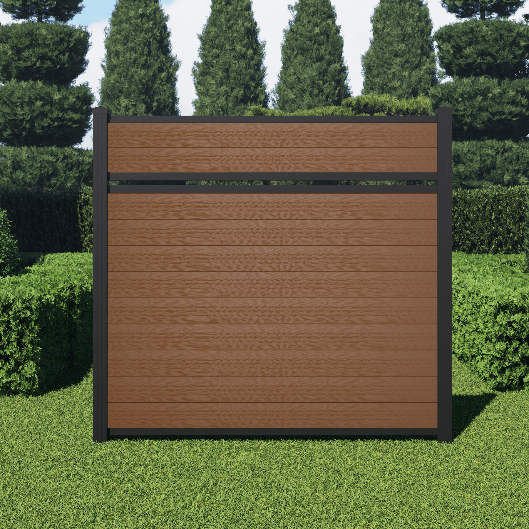 6 ft brown semi-private composite fence panel with horizontal woodgrain WPC boards and a black aluminum frame in a landscaped yard