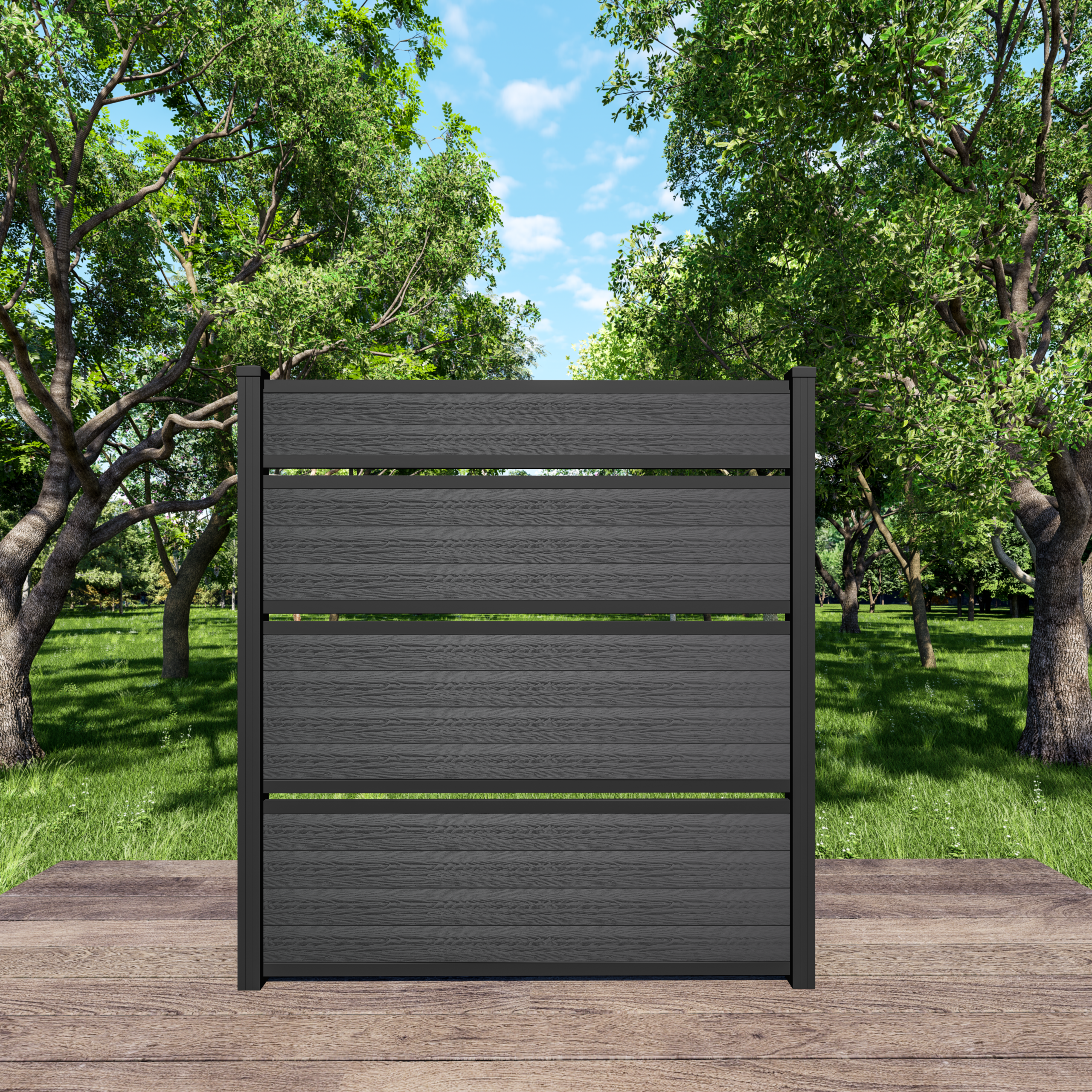 6ft Jet Black triple semi-private composite fence with three airflow openings and black aluminum posts