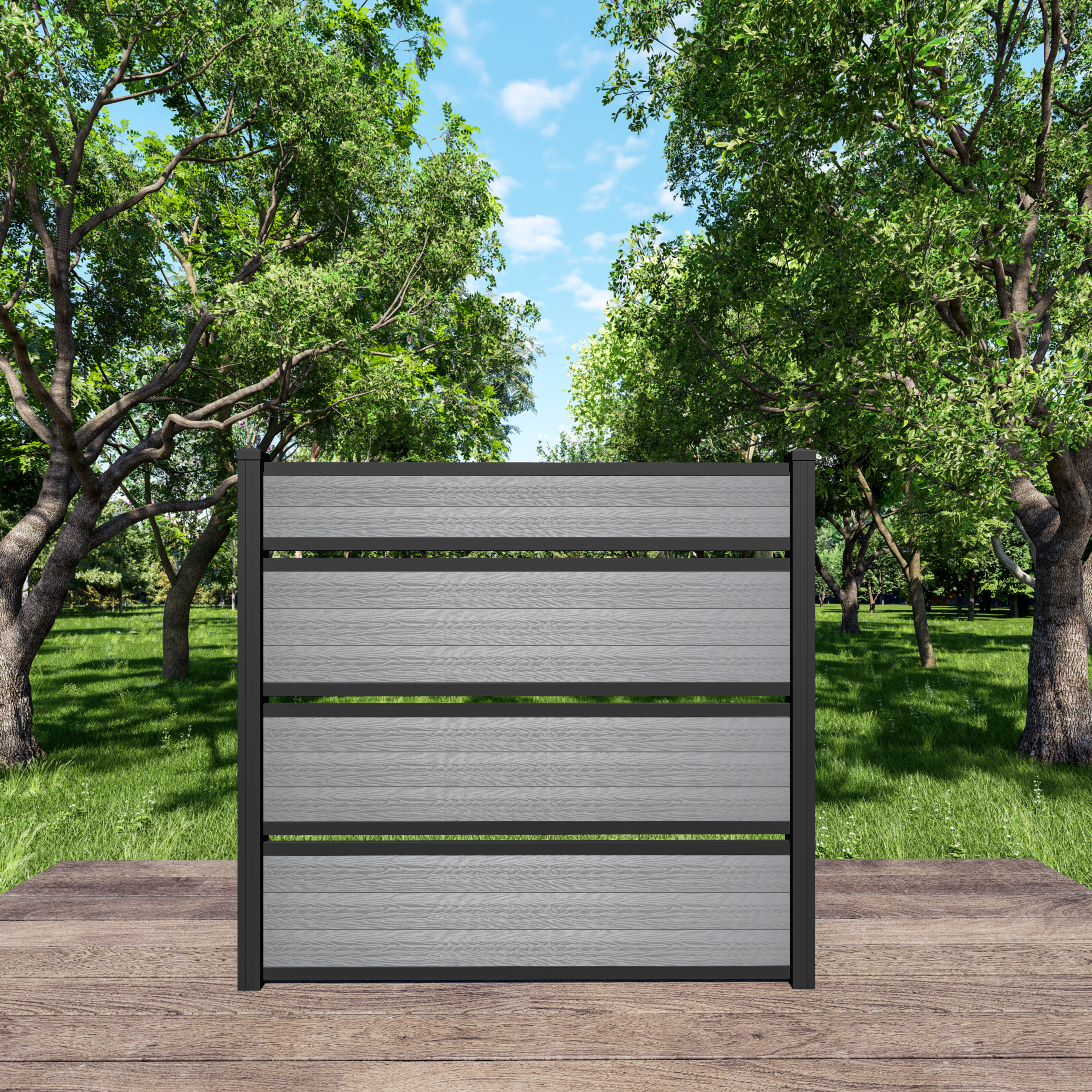 6ft Storm Grey triple semi-private composite fence with three airflow openings and black aluminum posts