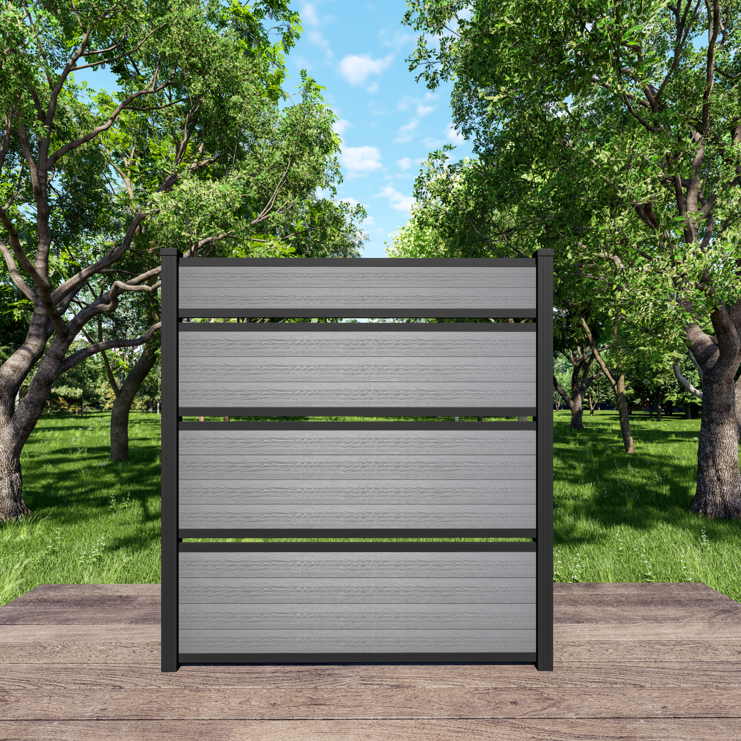 7ft storm grey semi-private composite fence with three airflow openings and black aluminum posts